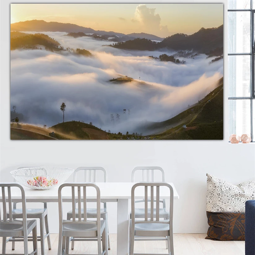 

Early Morning Mountaintop Mist Tapestry Hills Valley Sunlight Nature Twilight Scenery Print Picture Cloth Blanket Throw