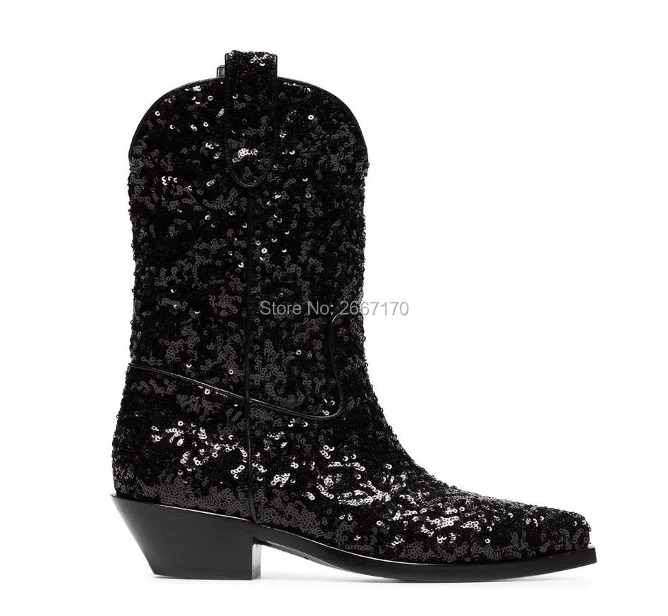 

2018 New Winter Sequined Cowboy Boots Women Pointed Toe Low Block Heels Glitter Mid-calf Boots Slip On Knight Boots Female Style