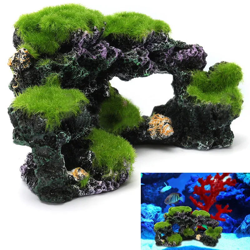 

Green Resin Aquarium Mountain Coral Reef Rock Cave Stone Moss Fish Tank Ornament Decoration