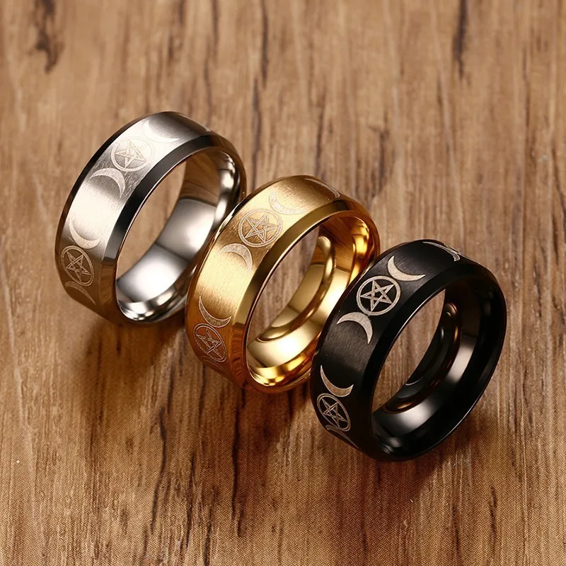 

Vnox Triple Goddess Ring for Men 8mm Stainless Steel Star & Moon Alliance Classic Casual Male Band Jewelry Size 7 8 9 10 11 12