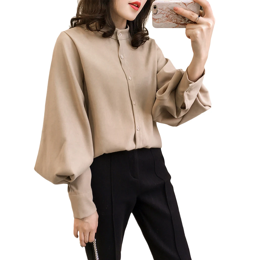 

Lantern Sleeve Loose Blouse Shirts Women Long Sleeve Tops Spring Stand Collar Simple Blouses Ladies Casual Office Tops Plus Size