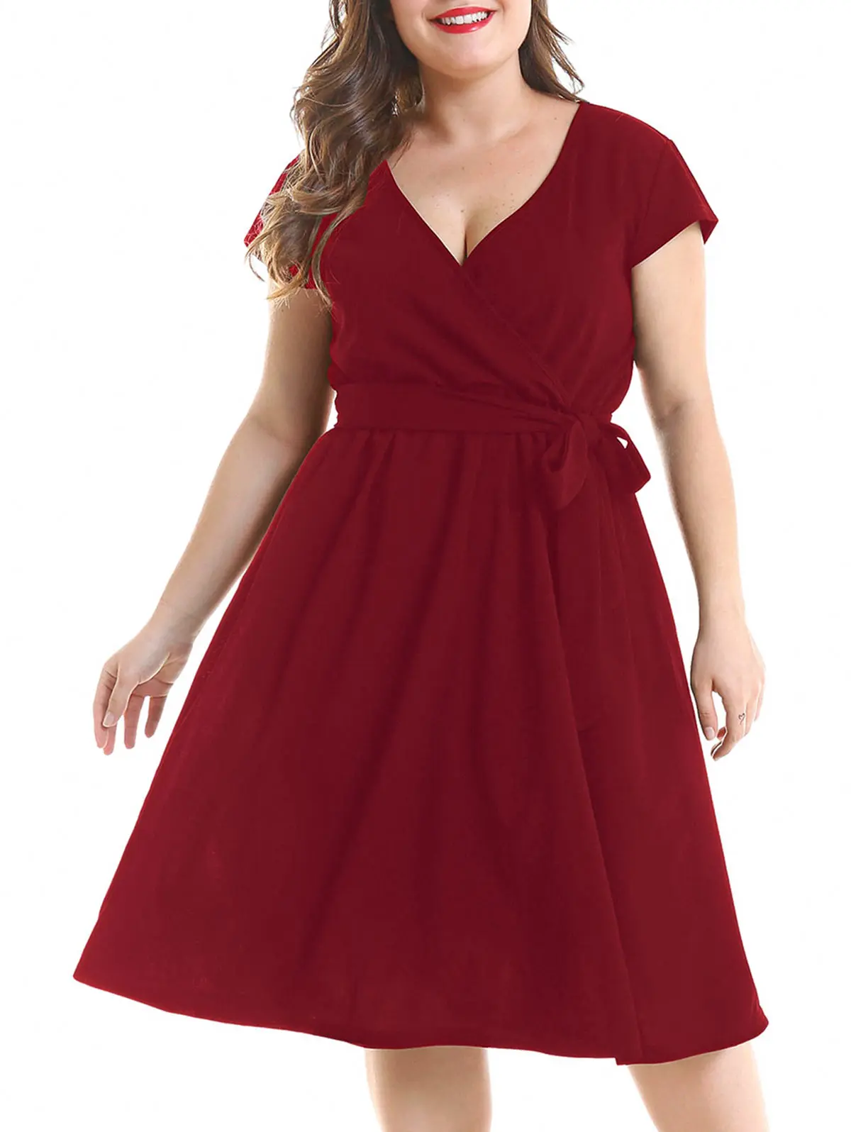Wipalo Valentine's Day Red Dress Casual Plus Size Cap Sleeve V Neck