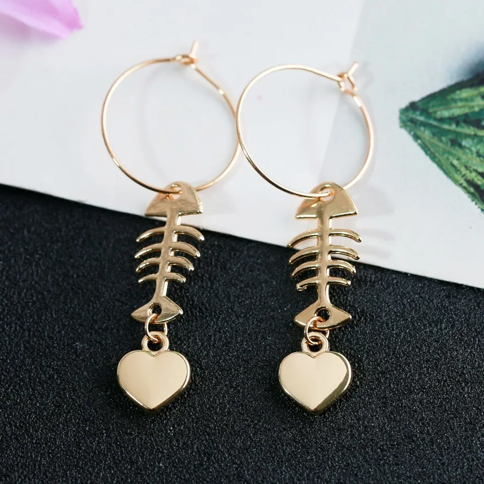 

Fish Bone&Little Heart Drop Earrings For Women Cute Free Shipping Beautiful Girls Birthday Earring Jewelry Gift
