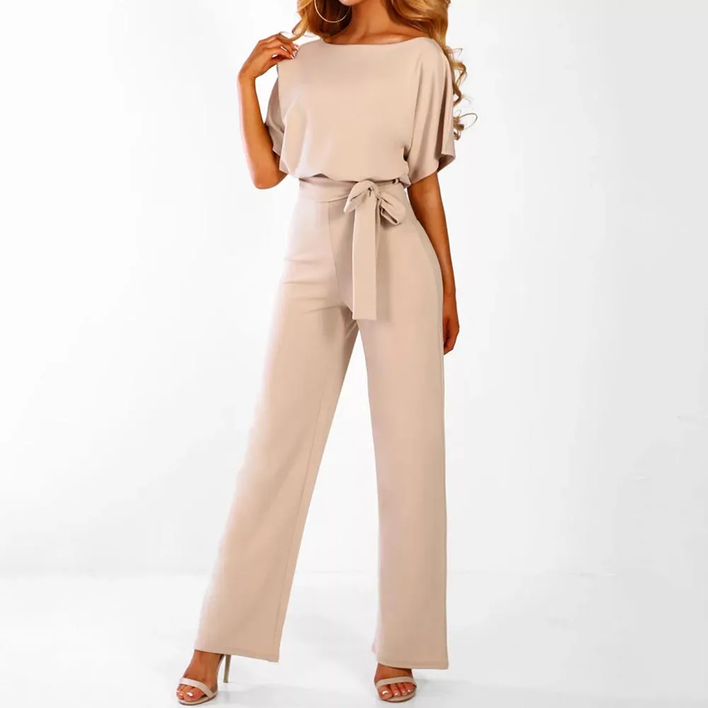 

Women Summer Jumpsuits Short Sleeve Playsuit Lady Romper Long Jumpsuit Trousers Sashes Solid Color Long Wide Leg Pants Jumpsuits