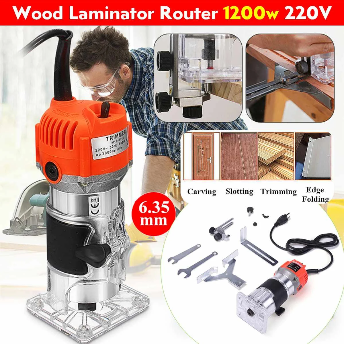 

1200W 220V Electric Wood Trimmer Laminator 35000r/min Router Joiners Tool Set Aluminum+Plastic 6.35mm Collet Diameter Waterproof