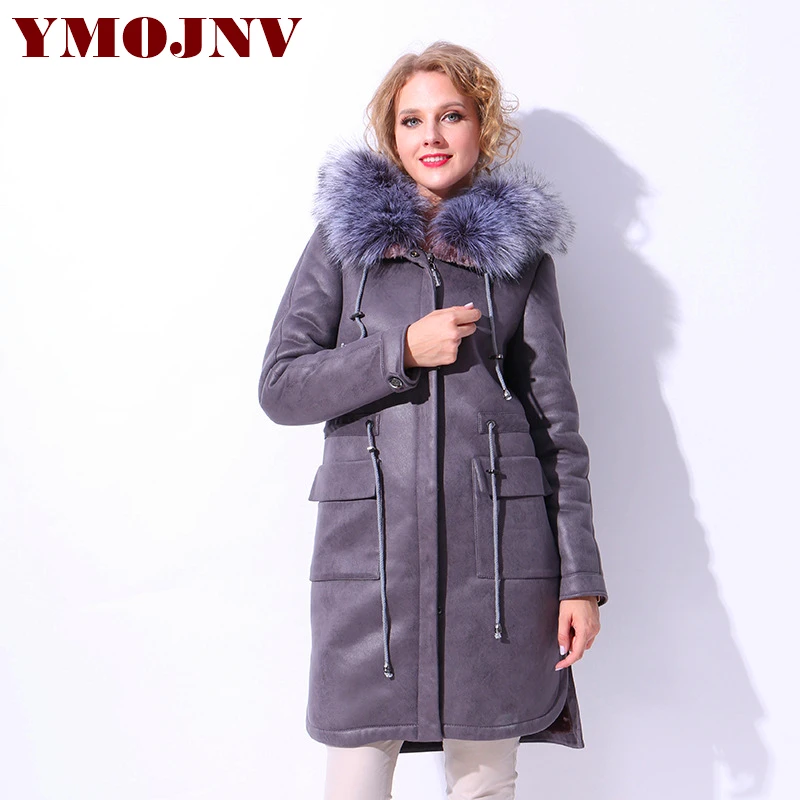 Куртка YMOJNV Женская длинная из искусственной овчины с капюшоном и воротником