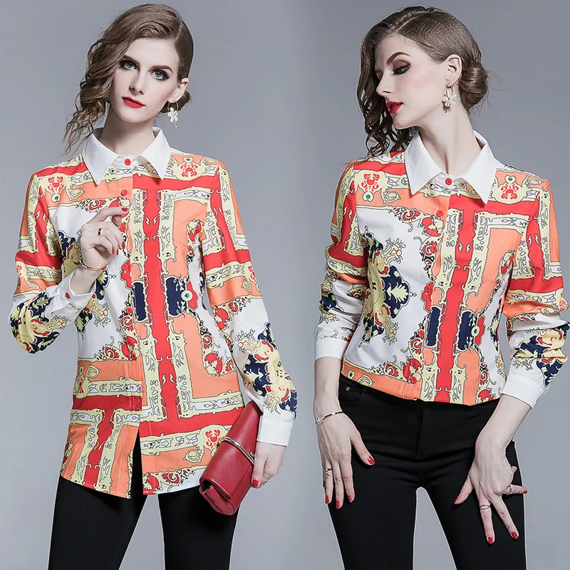 

2019 Summer Fall Runway Vintage Print Long Sleeve OL strip Womens Party Casual Top Shirts Blouse luxury print