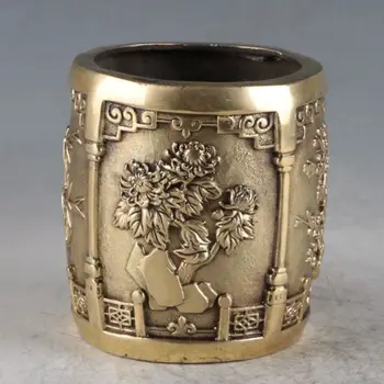 

China Antiques Brass plum blossom orchid bamboo chrysanthemum Brush Pot