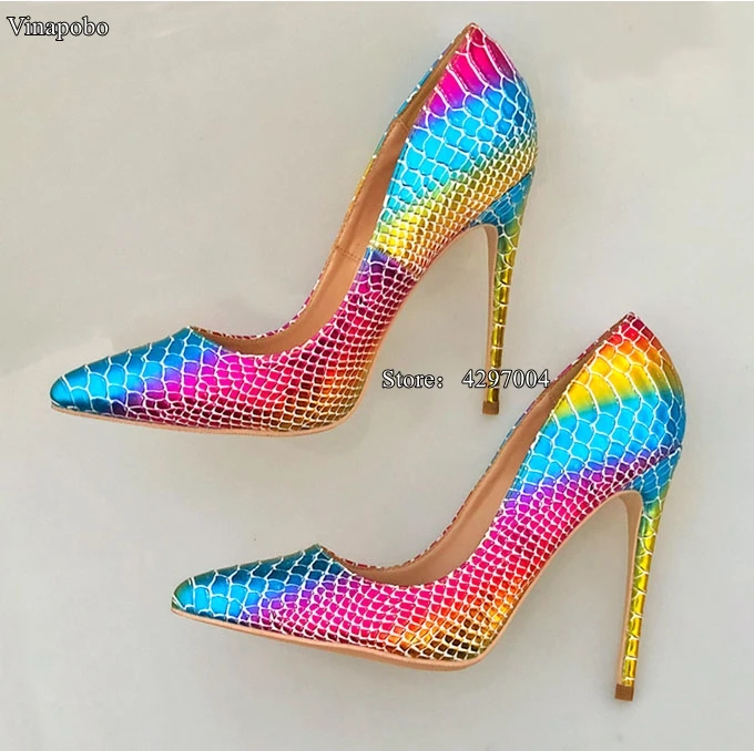 New Pointed Toe Shoes Women Colorful Rainbow Snake Printed Pumps 8/10/12cm High Heels Genuine Leather Stilettos Women Shoes