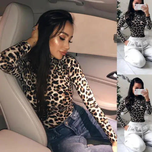 

Sexy Women's Ladies Leopard Bodysuit 2018 New Autumn Long Sleeve Bodycon Top Leotard Plain Stretch S-L