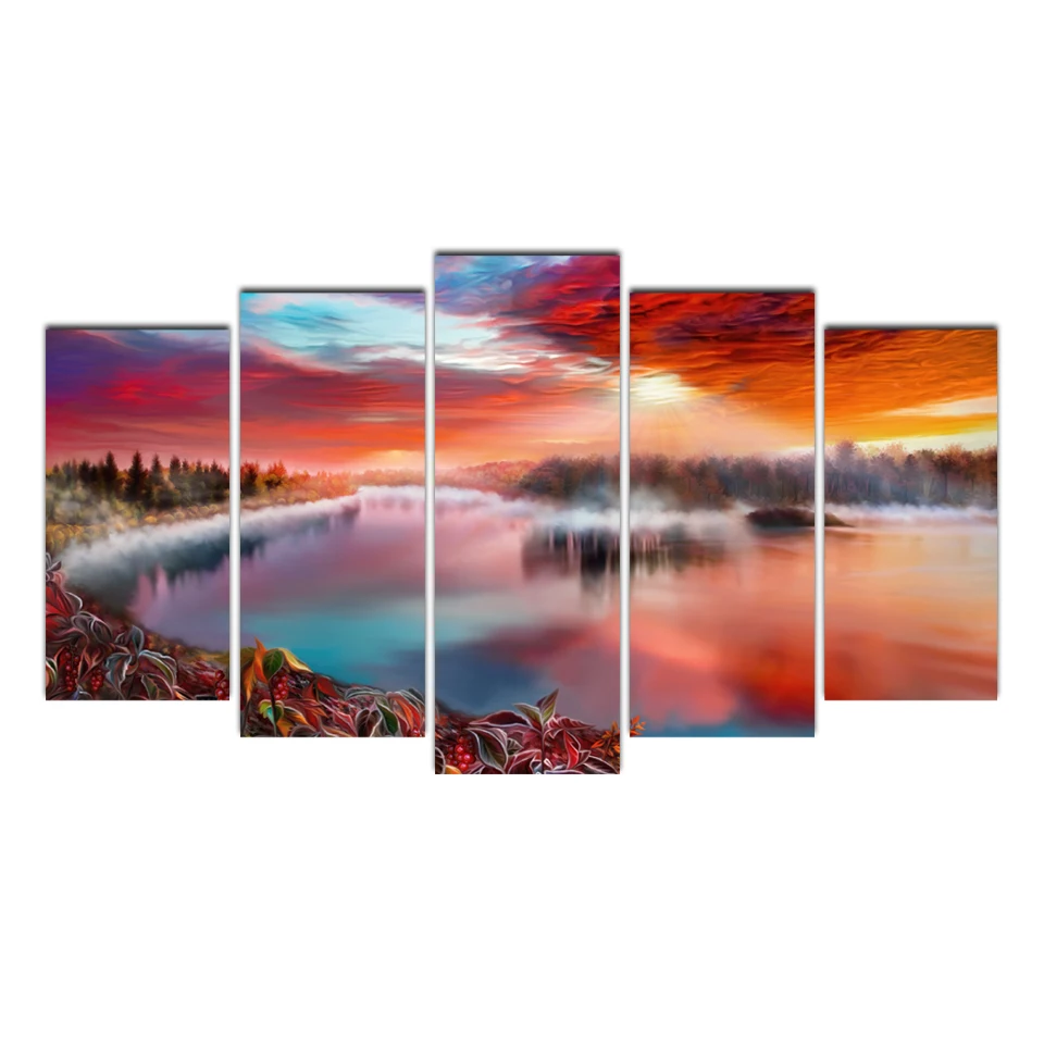 

HD Framed 5 Pieces Abstract Art Psychedelic & river Canvas Art Scenery Paintings For Living Room Home Decoration cheap Shipping