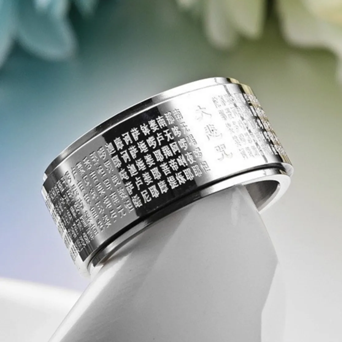 Buddha Letter Ring Spinner Rotating Silver Ring Men Stainless Steel 