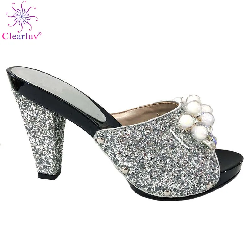

New Sliver Color African Slippers Summer High Heels Sexy Pumps Elegant African Low Heels Women Pumps African Women Wedding Shoes