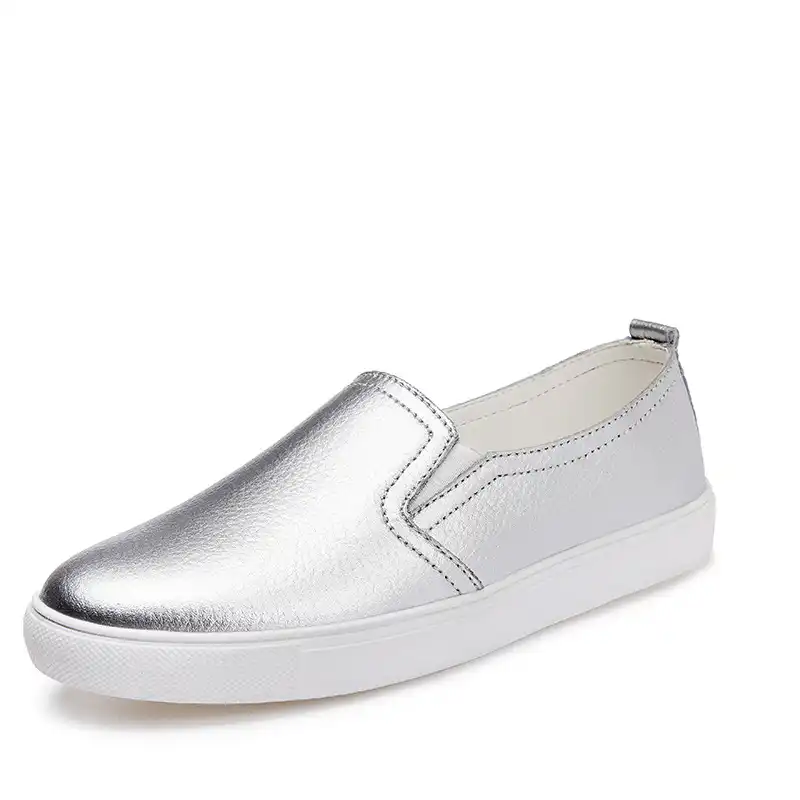ladies silver leather loafers