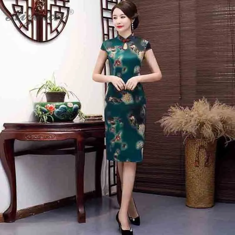 

2019 New Water Collar Monolayer Qipao Printing Cheongsam Women Chinese Traditional Dress Oriental Style Dresses Green Qi Pao