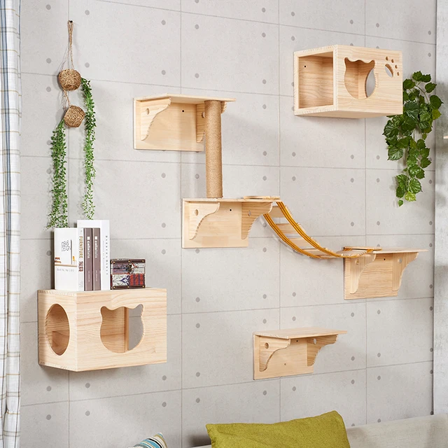 Wooden Wall Mounted Cat House Sisal Scratching Post Tree Kitten Wooden Wall Mounted Cat House Sisal Scratching Post Tree Kitten Climbing Ladder Pet Wood