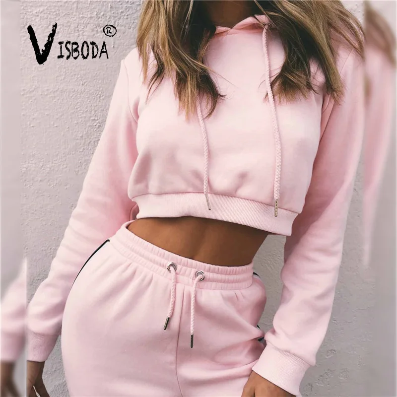 Женский спортивный костюм розовый короткий топ и штаны осень 2019|crop top and pants|top