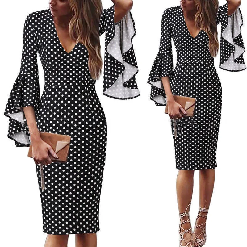 

Elegant Floral Print Dress For Women Sexy V-neck Dot Flare Sleeve Boho Midi Party Dress Women Sheath Lady Vestidos