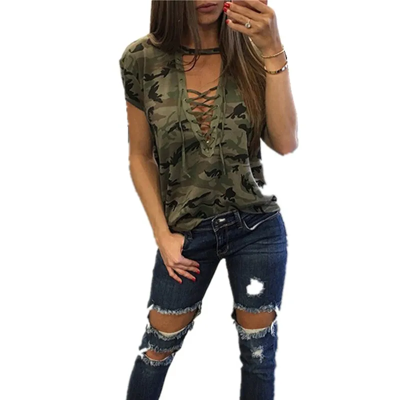 

women V neck chest cross bandage T shirt loose camouflage print cool femme shirts pleated army green gray t shirt female