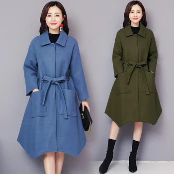 

Winter 2018 new design tweed popular women's coat joker long sleeve cloak overcoat Korean fashion belt loose top clothes S-5XL