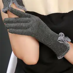 Милые женские Сенсорный экран перчатки с вязанными запястьями варежки овечья шерсть зимние перчатка со шнурком-бантиком