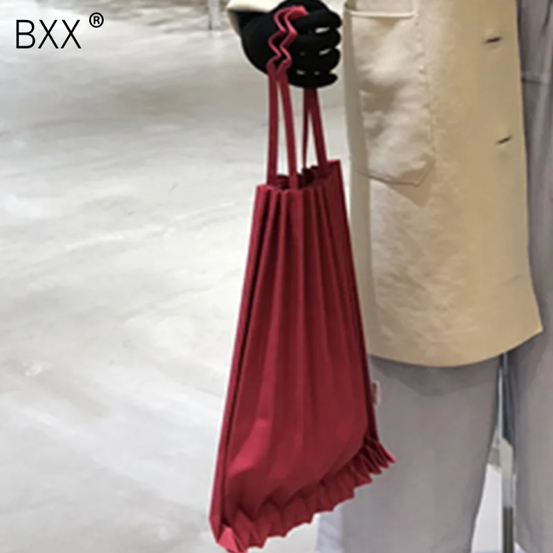 

[BXX] 2019 New Leisure Casual Solid Color Double Handles Foldable Portable Woman Canvas Pleated Shoulder Bag Handbag LM810