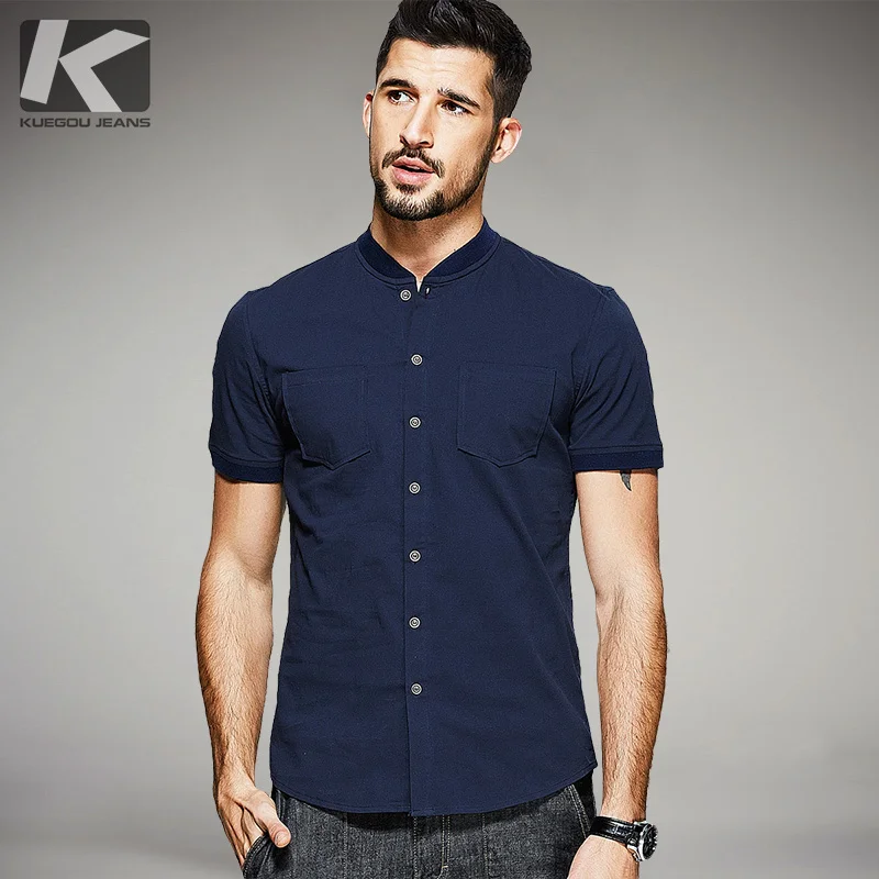 KUEGOU New Summer Mens Casual Shirts Pockets Blue Color Brand Clothing