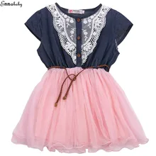 Emmaaby/платье принцессы для маленьких девочек с кружевным поясом; джинсовое платье с фатиновой вышивкой; возраст 1-6 лет