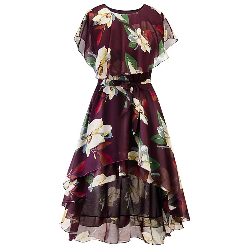 

Chiffon Floral Print Summer Dress Plus Size Women 2019 Sexy Mesh Ruffle Blue Elegant Belt Robe Vintage Casual Chic Midi Dresses
