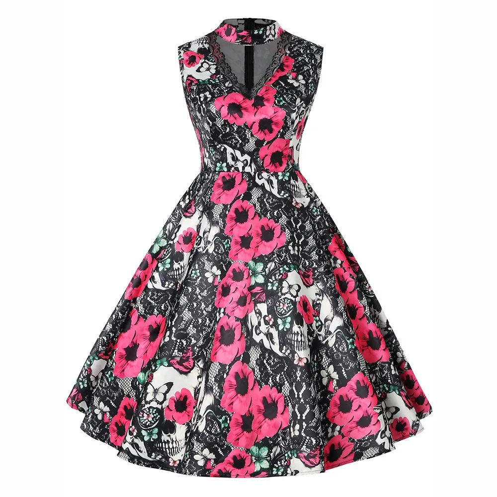 Women Dresses Vintage Gothic Casual Red Loose Sleeveless Polka Dots ...