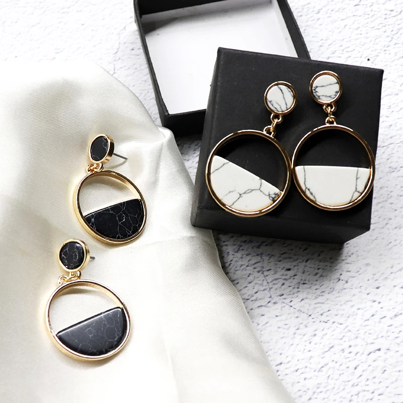

Round Long 2018 New Arrival 1Pair Handmade Drop Earring Women Circle Black Seaside Girls Stone White Geometric Simple Marble