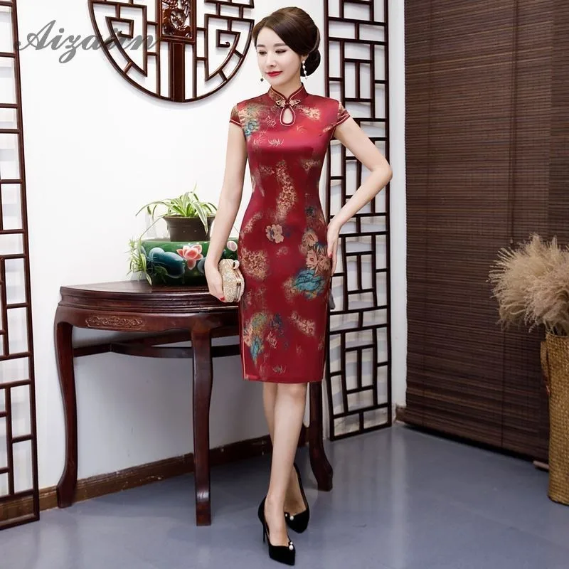 

2019 New Monolayer Water Collar Modern Red Qipao Long Traditional Chinese Dress Women Cheongsam Robe Chinoise Silm Fit Dressing