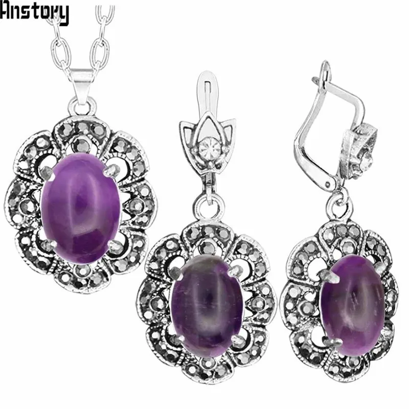 Natural Stone Amethyst Necklace Earrings Jewelry Set Rhinestone Vintage Look Antique Silver Plated Jewelry For Women TS427