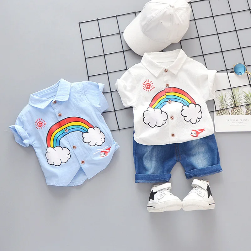 

Fashion Summer Children Kids Clothing Cartoon Rainbow Print T-shirt Denim Shorts 2pcs/sets Cotton Casual Wear Infant Sportswear