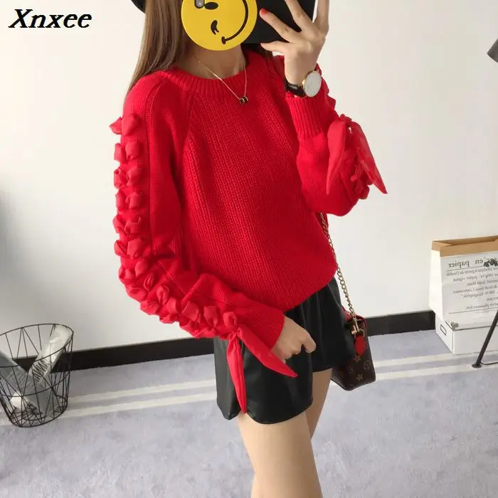 Xnxee Apricot Sleeve Lace Up Loose Sweater 2019 Fall Women New Red Sweaters thick Pullovers Knitted Tops
