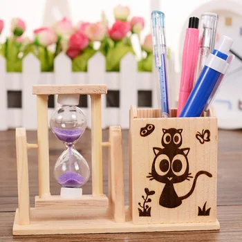 

Diy Cartoon Wooden School Pencil Box Case Hourglass Figurine Desktop Wood Craft Office Home Decoration Miniatures Birthday Gift