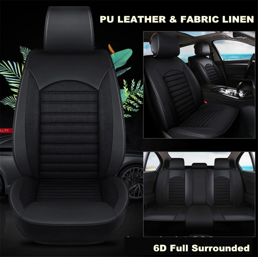 

PU leather+ Breathable Linen Flax Fabric car cushion seat covers 6D car-styling Full Surrounded Front+Rear Cushion 5-Seats Black