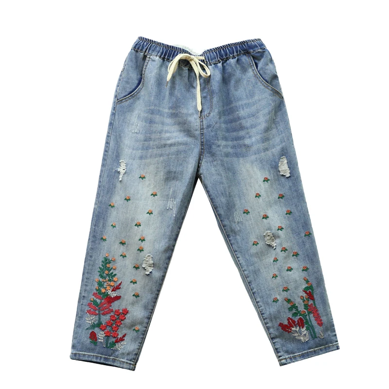 Весенне-летние винтажные женские джинсы с цветочной вышивкой, рваные джинсы с высокой талией для мам, Женские джинсовые штаны-шаровары