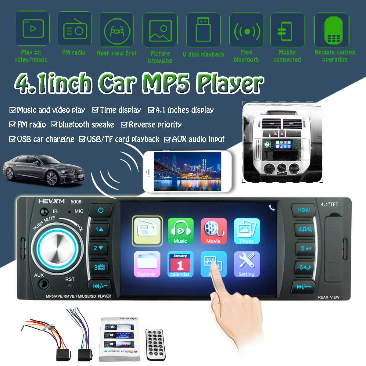 

Audew 1 DIN 4.1 inch Car Stereo Radio Multimedia MP5 MP3 Player bluetooth SD USB FM Audio Microphone