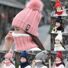 2Pcs Women Winter Scarf Hat Warm Set Solid Knitted Soft Cotton Bib Scarves