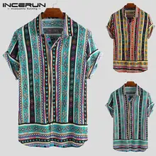 INCERUN, этнический стиль, с принтом, мужская рубашка, свободная, короткий рукав, с отворотом, на шее, уличная, повседневная, мужская, тропическая, гавайская рубашка