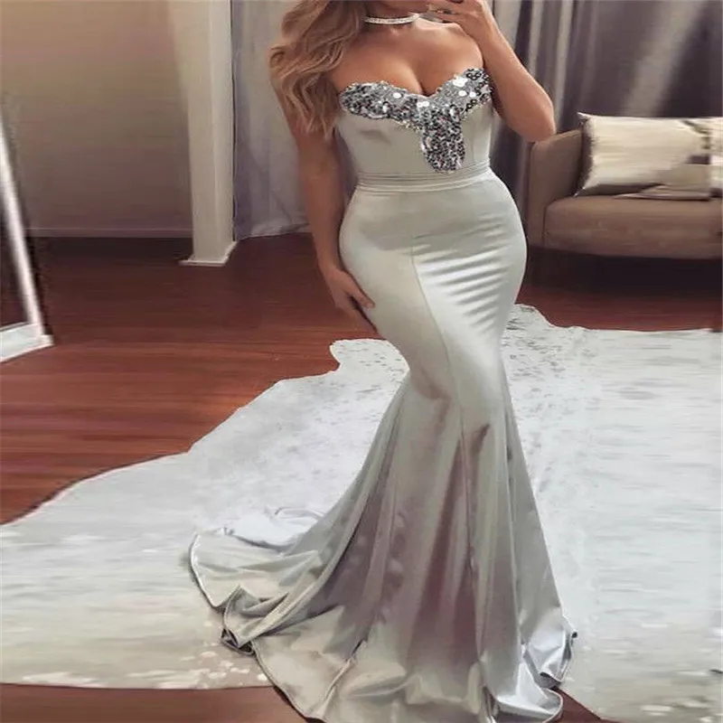 

Women Formal Bodycon Dress Strapless Sequins V-Neck Long Party Tail Dress Lady High Waist Slim Floor-Length Dresses