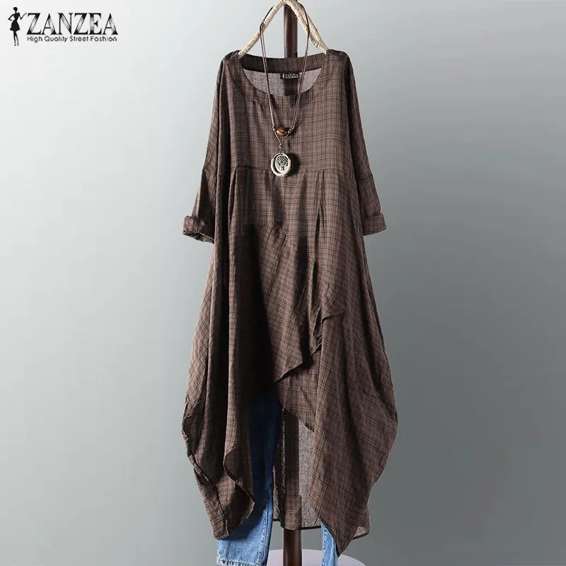 

2019 Summer Dress ZANZEA Women Vintage Plaid Checked Asymmetrical Vestidos Plus Size Femme Long Sundress Mujer Dress Female Robe