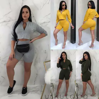 

New Womens Fashion Casual Solid 2Pcs Tracksuit Cropped Hoodies Sweatshirt Shorts Wear Athtic Sport Gym Suit