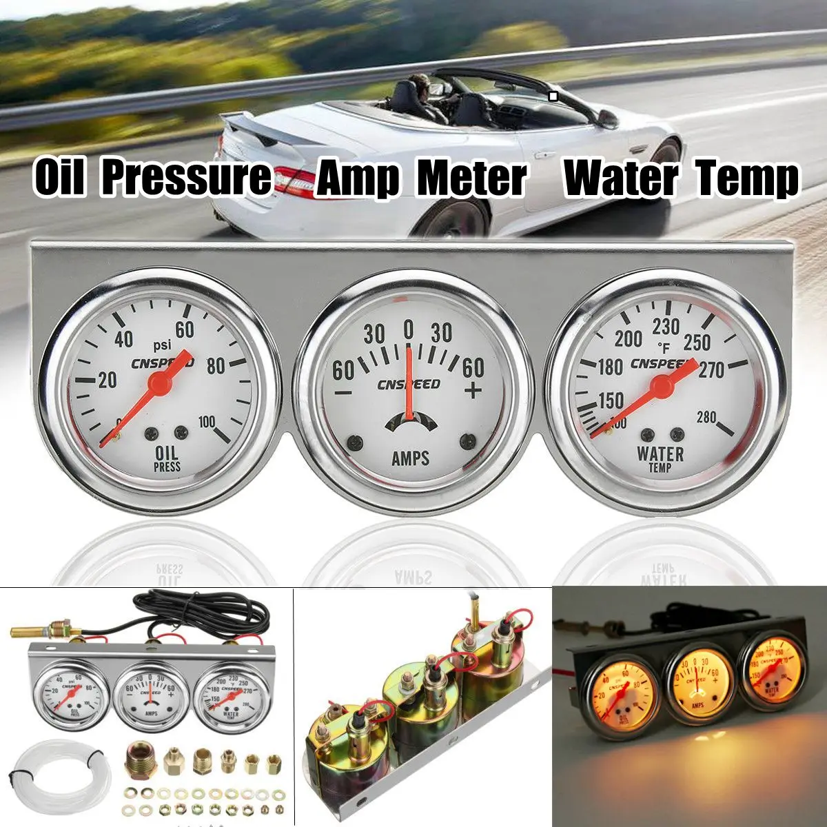 

2inch Chrome Panel Oil Pressure 0-80 PSI Water Temp Amp Meter Triple Gauge Set White Face Chrome