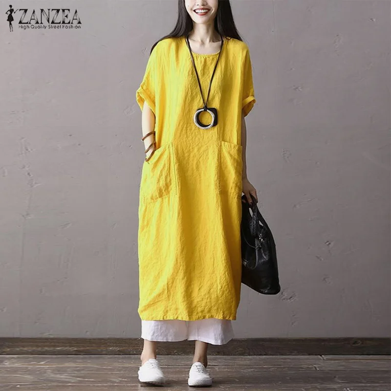 

ZANZEA Summer Vintage Women's Short Sleeve Cotton Linen Vestido Kaftan Dress Tunic Femme Solid Casual Party Long Sundress Robe