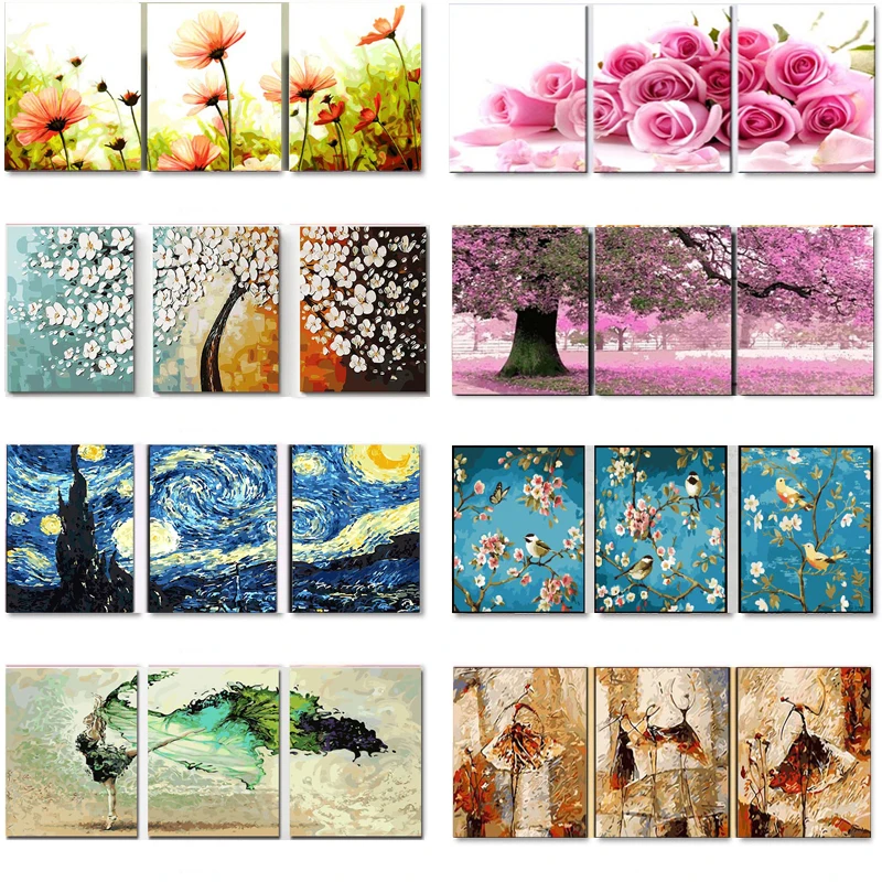 

Daisy Flower Painting by Numbers Triptych Picture Home Decoration Wall Modular Pictures Living Room Coloring by Number Abstract