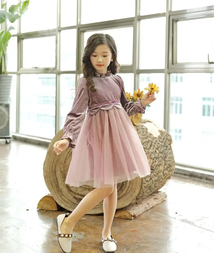 

New Children's Clothing Girls Plus Velvet Thick Long-sleeved Gold Velvet Mesh Blue Pink Princess Clothes Long Dress