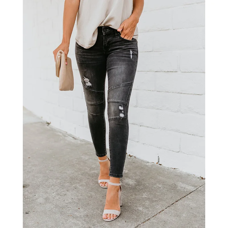 

Autumn Winter New Stylish Women'S Jeans Elastic Broken Hole Trousers Terse Style Pencil Pants Ladies Pleat Jeans Plus Size