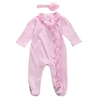 

Newborn Baby Girl Clothes Pink Flowers Jumpsuit Footies Headband Outfit Clothes